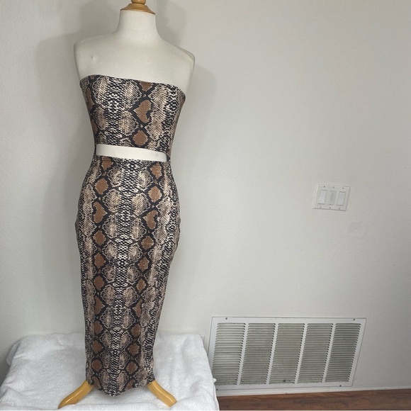 Amazon Women's Brown Snakeskin Print Strapless Cutout Midi Dress Size Large Boho - Picture 1 of 16